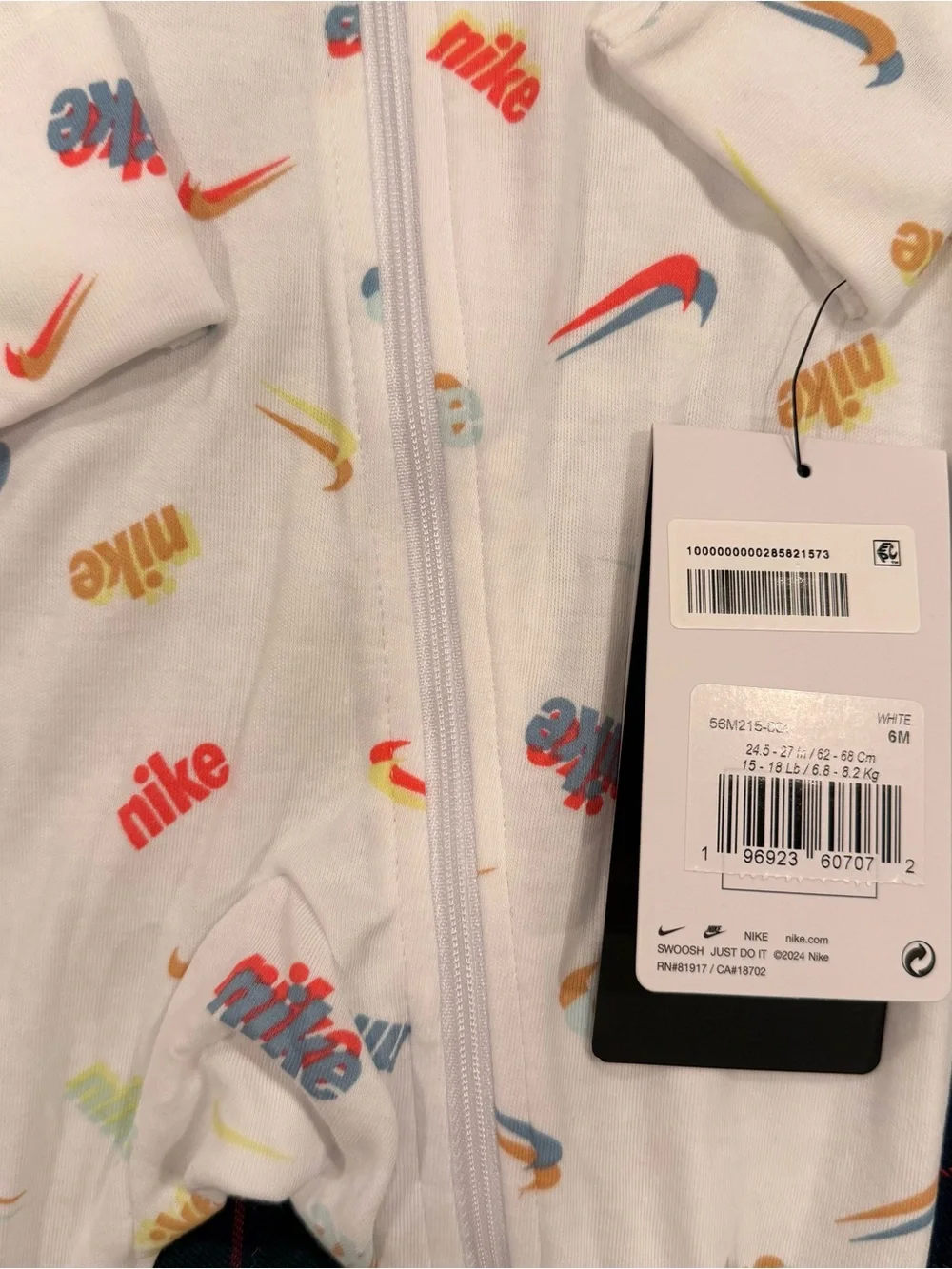 NWT Nike White Footie One-Piece with Multicolor Swooshes